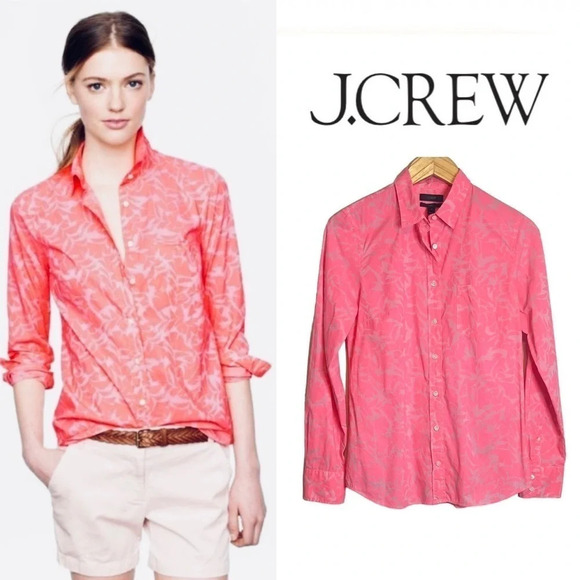 J Crew | Boy Top Button Up Floral Neon Pink Gray Tropical Pocket - Picture 2 of 7